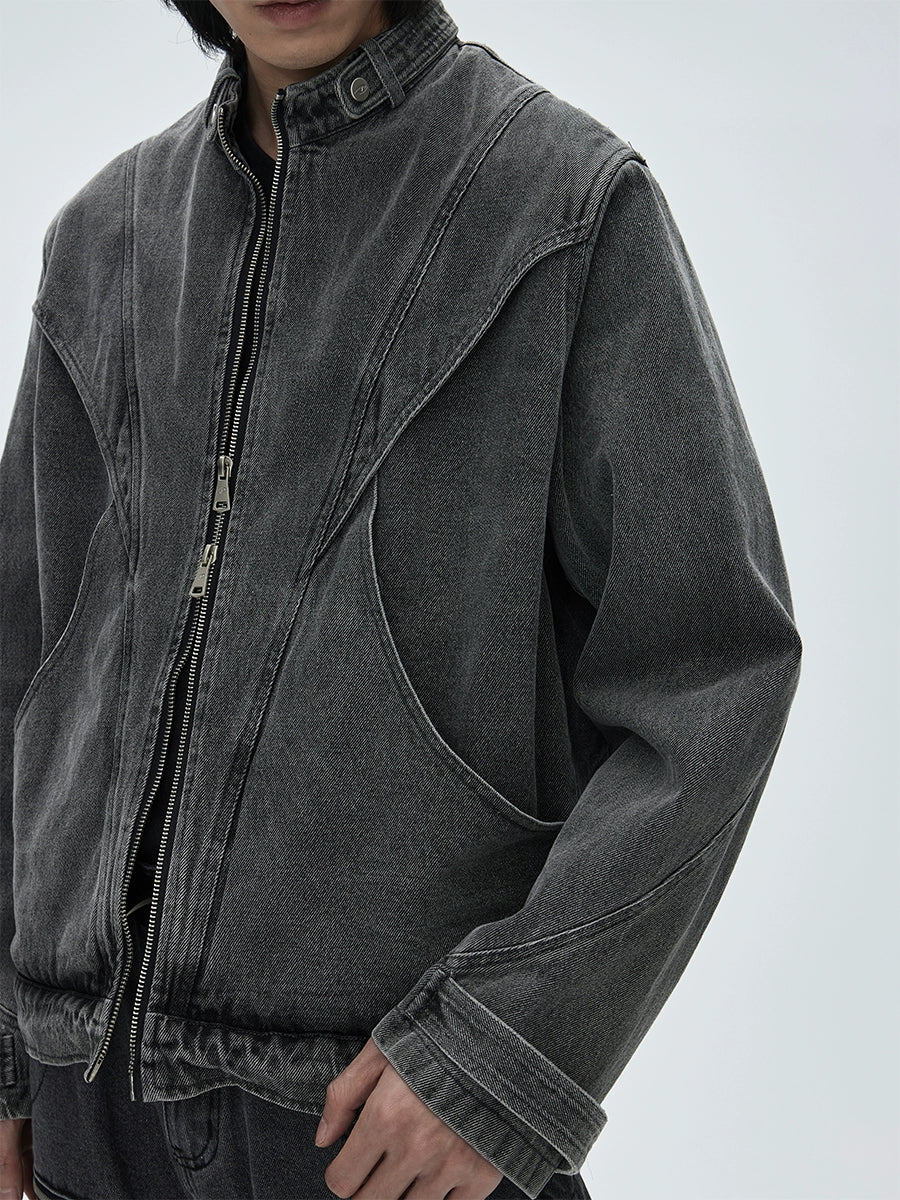 CATSSTAC turtle shell loose leaf retro denim jacket, men's cleanfit, simple and high-end design, stand collar jacket
