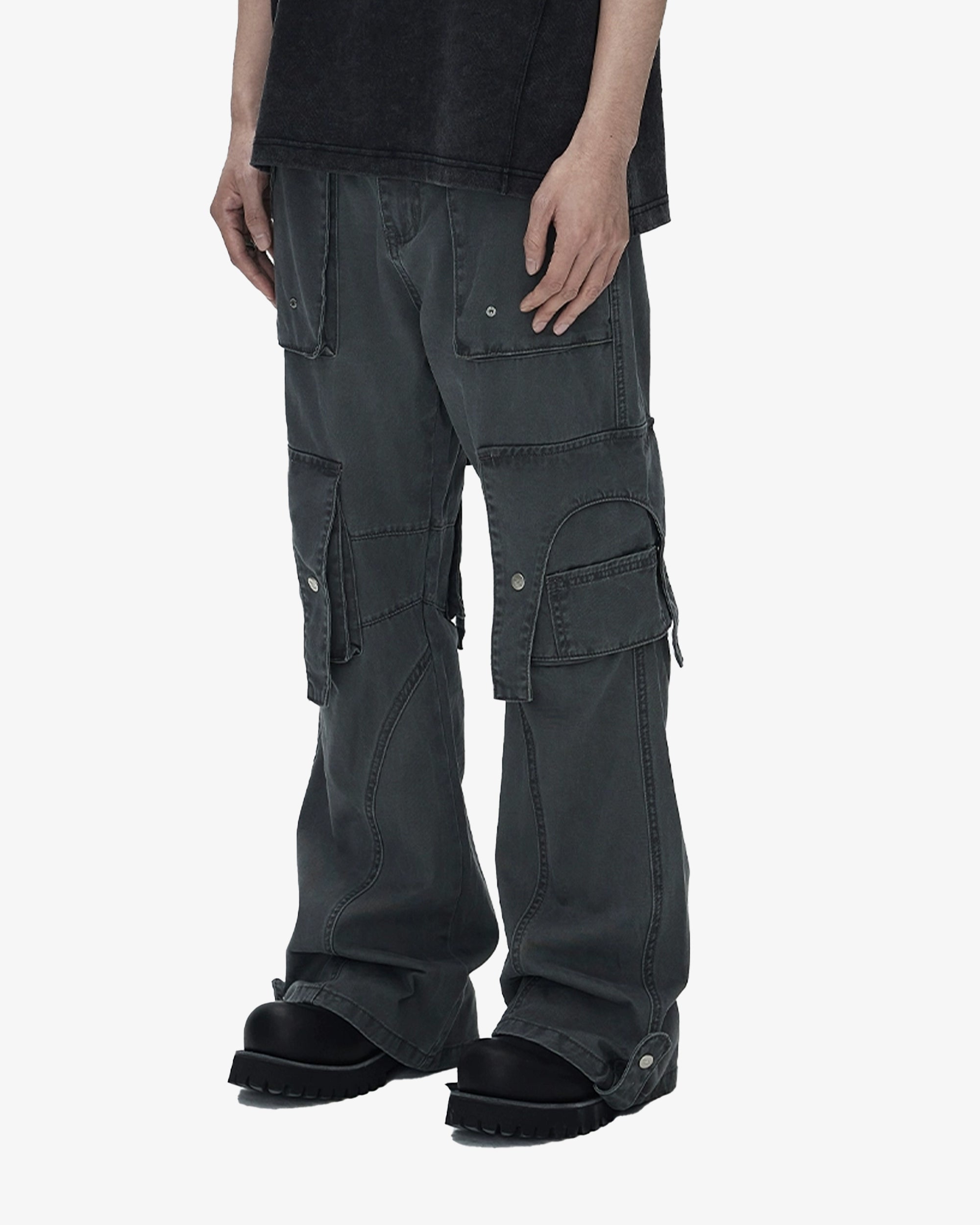Wide fit dark wash cargo pants with straps