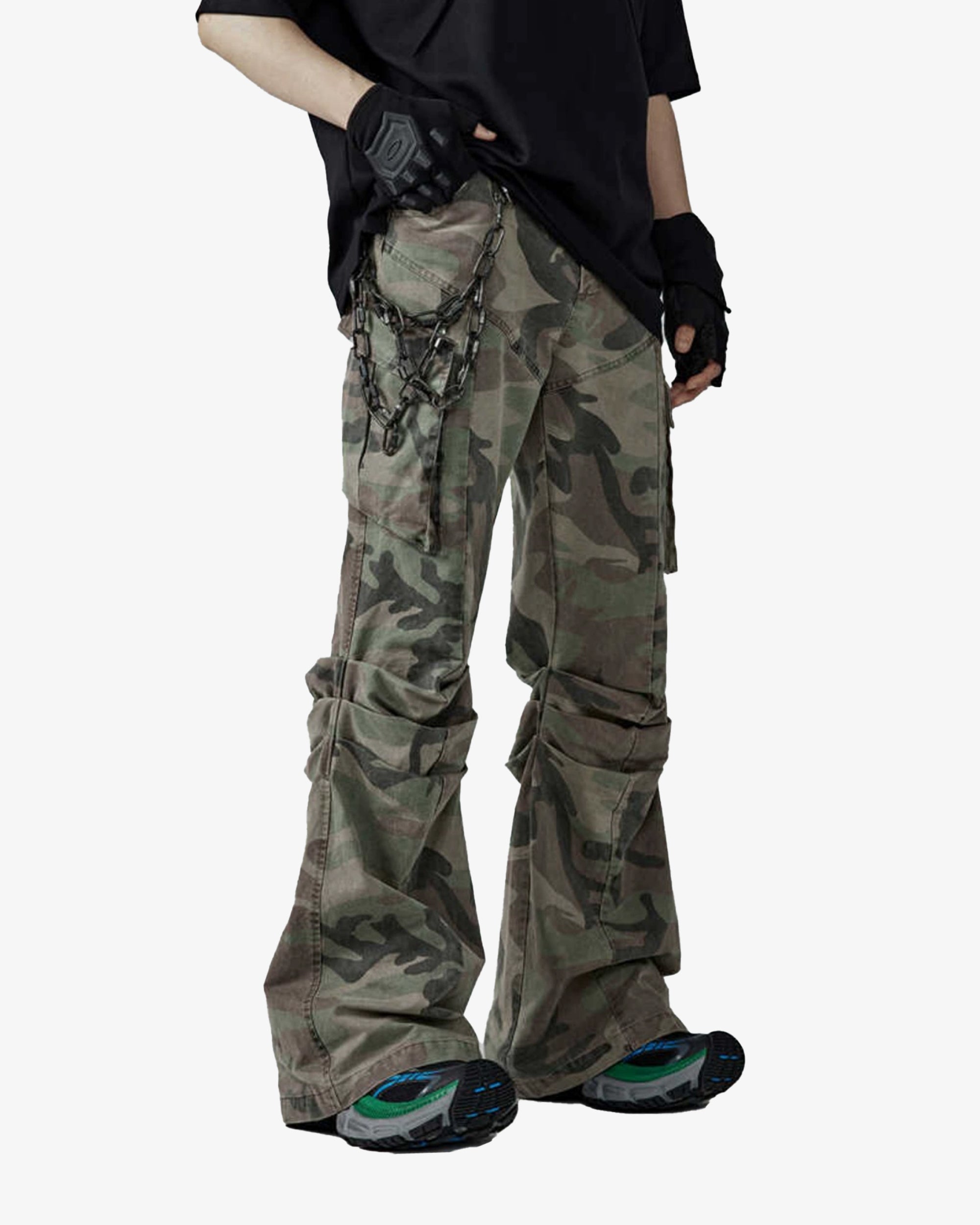 Washed Cotton Flared Wide Fit Camo Cargo Pants