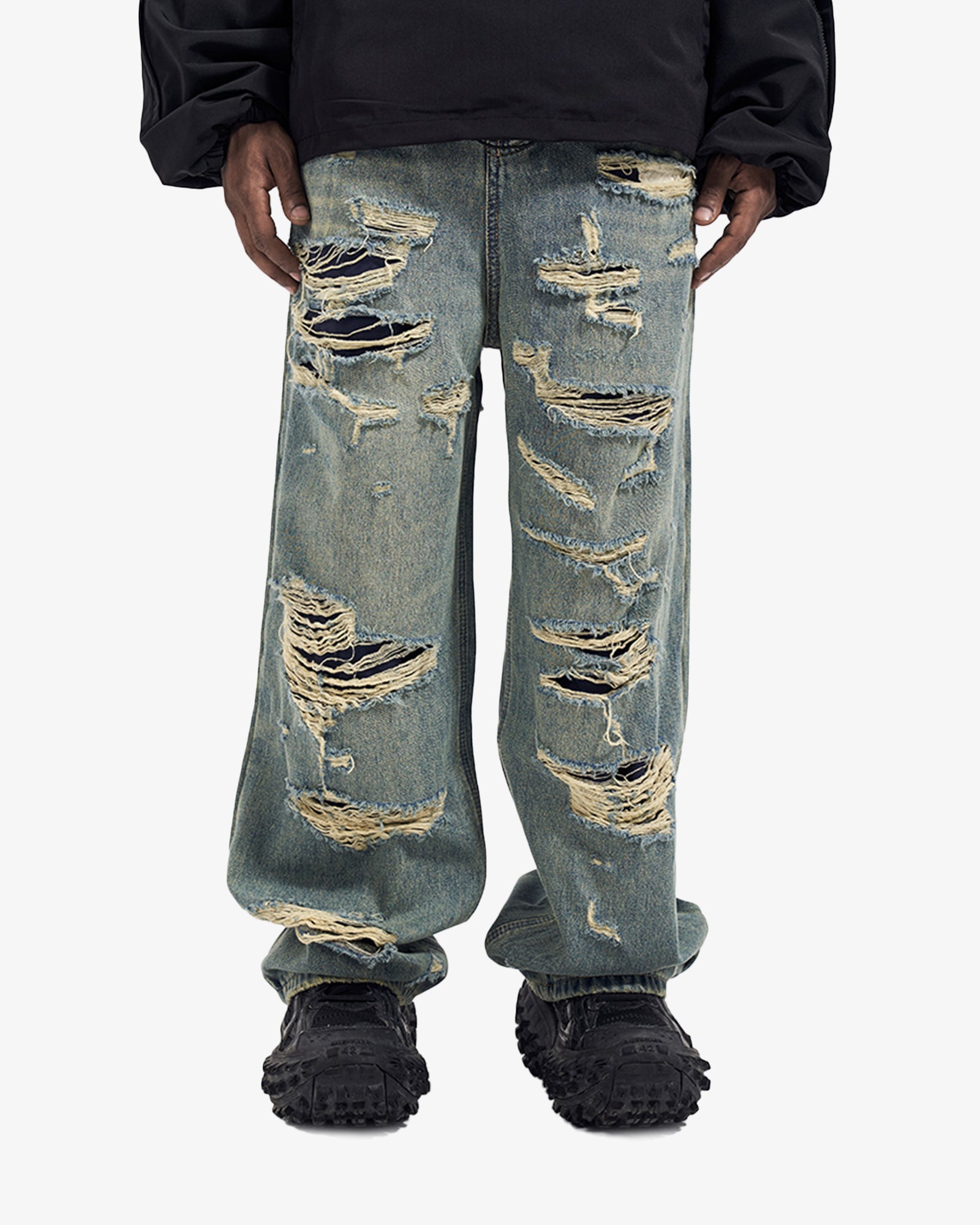 Heavily Distressed Light Wash Wide-Fit Jean Pants