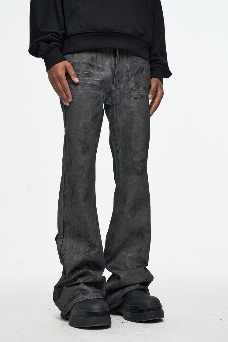 Dark Grey Waxed Wide Fit Micro Flared Jean Pants