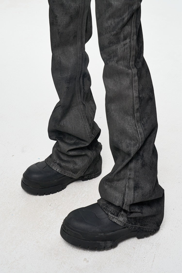 Dark Grey Waxed Wide Fit Micro Flared Jean Pants